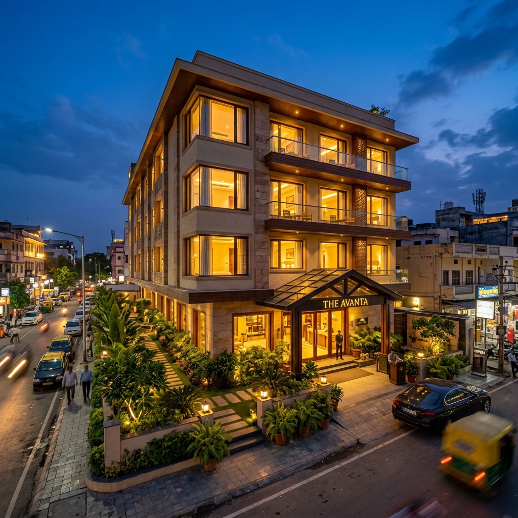 Hotel MK Vivanta — Elegant Boutique Hotel Exterior at Twilight